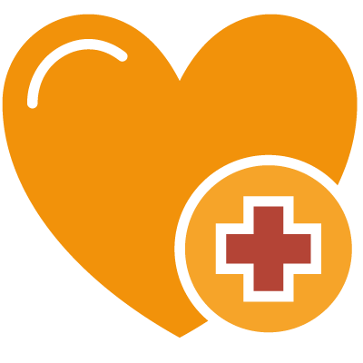 Orangenes Herz mit rotem Kreuz in einem Kreis unten rechts