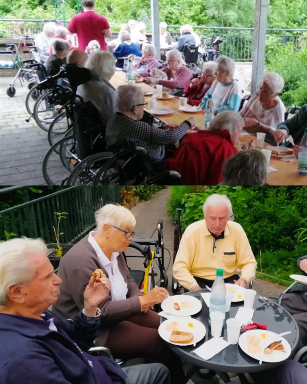 Mehrere ältere Menschen sitzen in Rollstühlen und an Tischen im Freien und essen Kuchen.