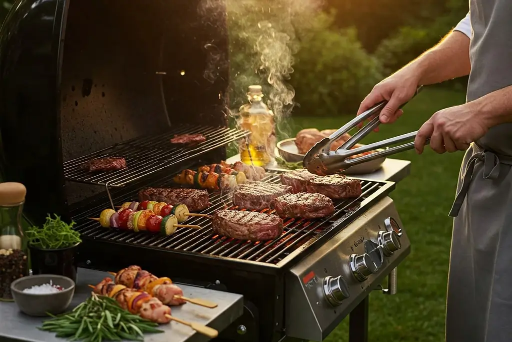 Grill mit mehreren Steaks und Gemüsespießen, Person wendet Fleisch mit Grillzange im Garten