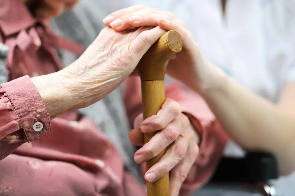 Hände einer älteren Person halten einen Holzstock, eine zweite Person legt unterstützend die Hand darauf